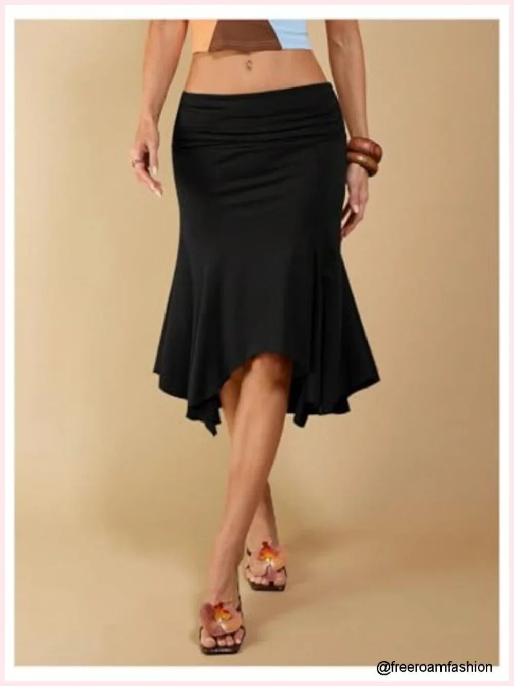 Asymmetrical Ruffle Skirt Ruched Bodycon High Low Midi Skirt